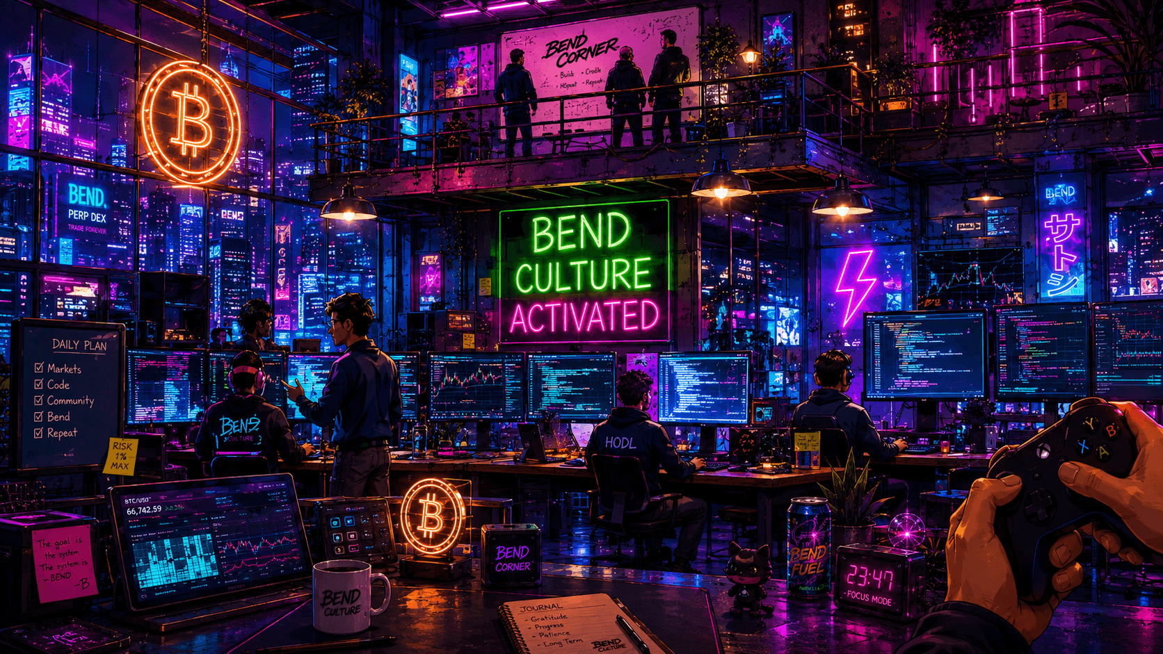 BoogSug Bend Culture Corner with neon signs, city windows, social workstations, and community desks
