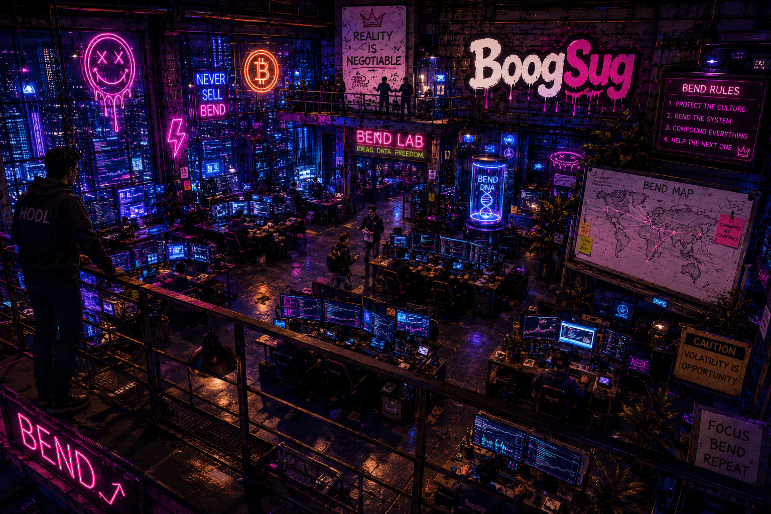 BoogSug Bend Lab with neon lab signs, trading floor, map board, and experimental development room