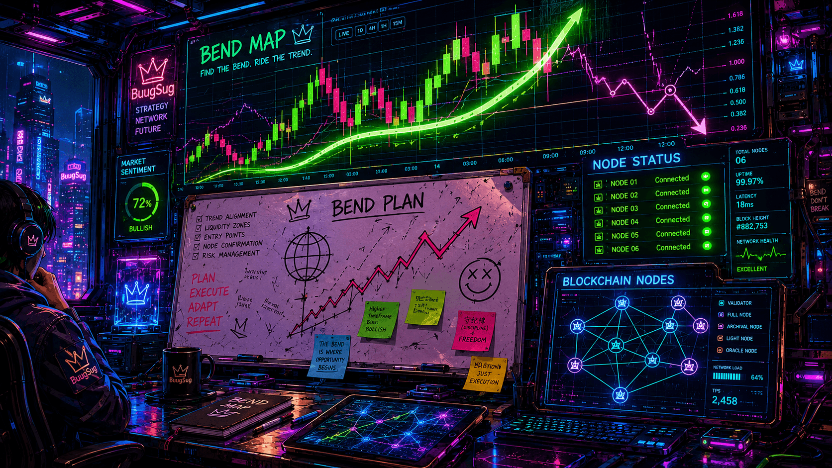 BoogSug Bend Map trading war room with roadmap board, blockchain nodes, and green chart wall