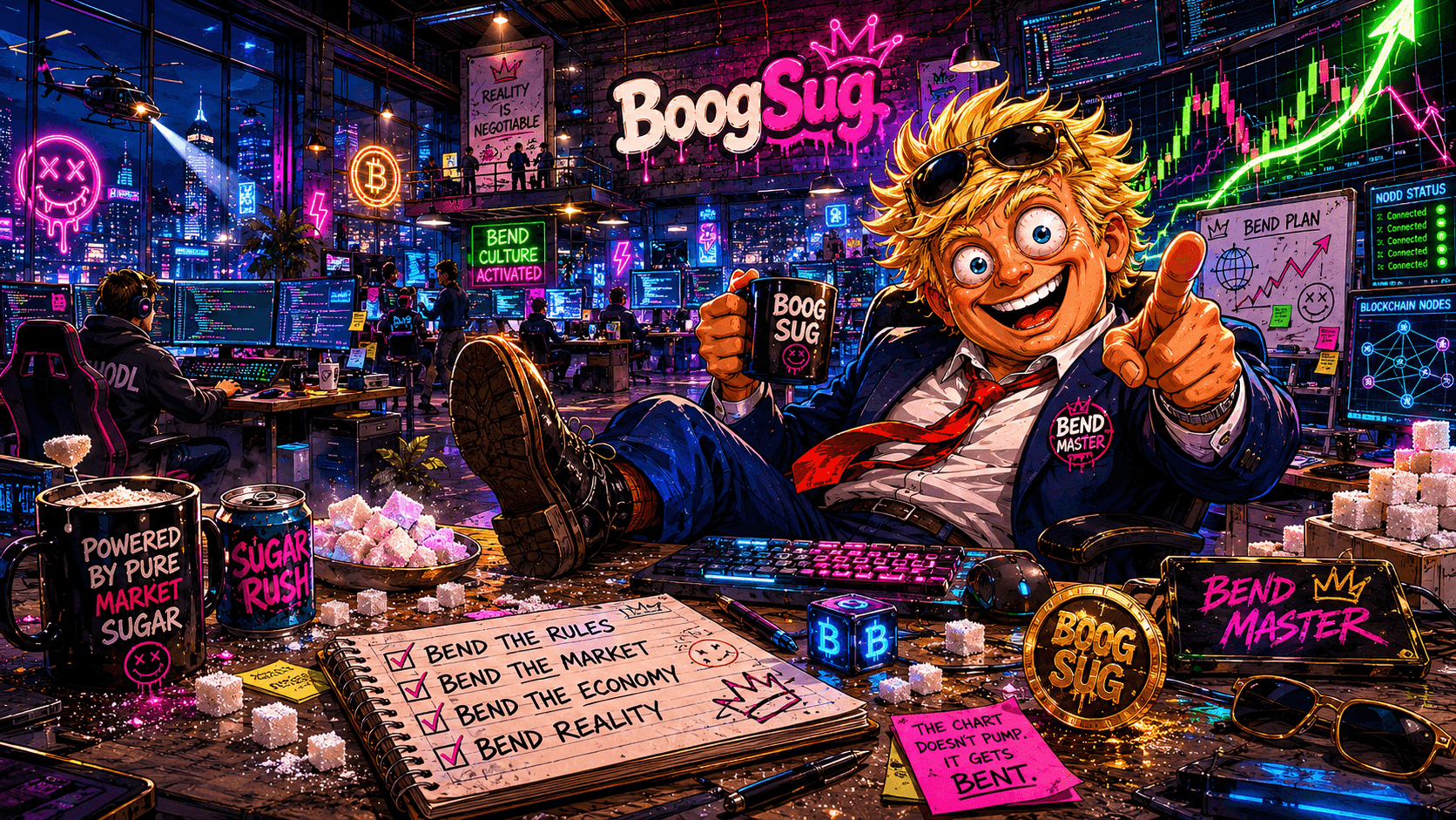 BoogSug HQ office floor with trading monitors, roadmap board, Bend Culture signage, and BoogSug Man