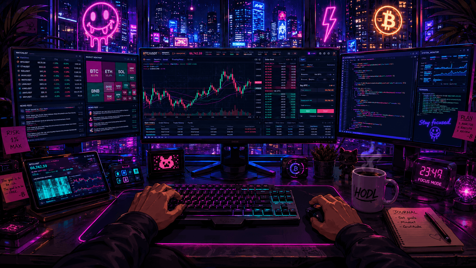 BoogSug trading station with multiple monitors, crypto dashboards, code screens, keyboard, and city neon